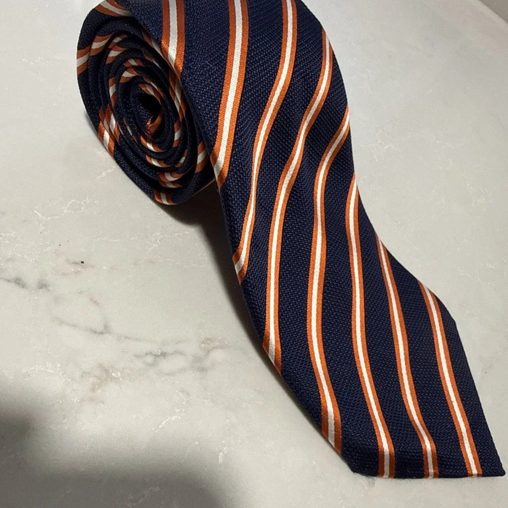 Silk Repp Tie Blue‎ Orange Striped 100% Silk 59